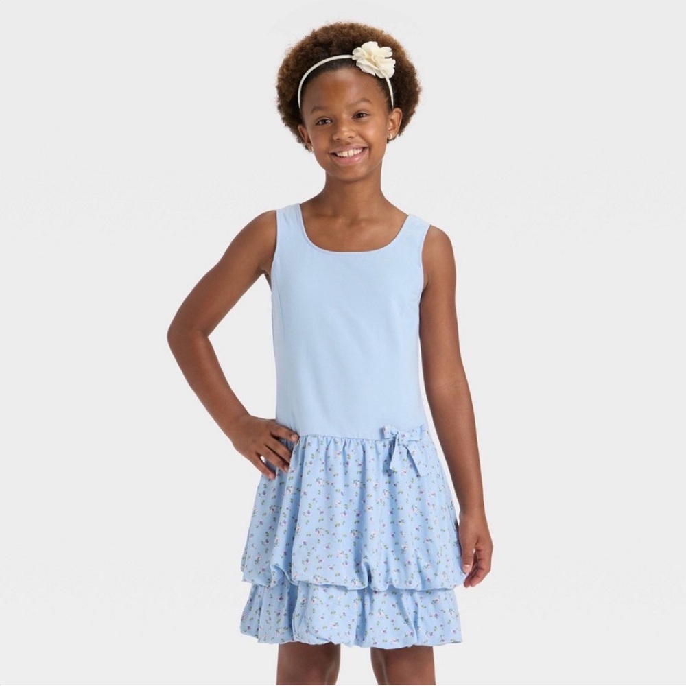 Light Blue Sleeveless Dress with Floral Ruffle Skirt size Girls 10/12